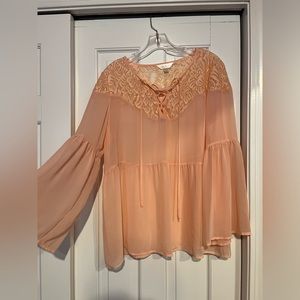 Decree Peach Colored Blouse With Tie Up Neckline and Lace Detail